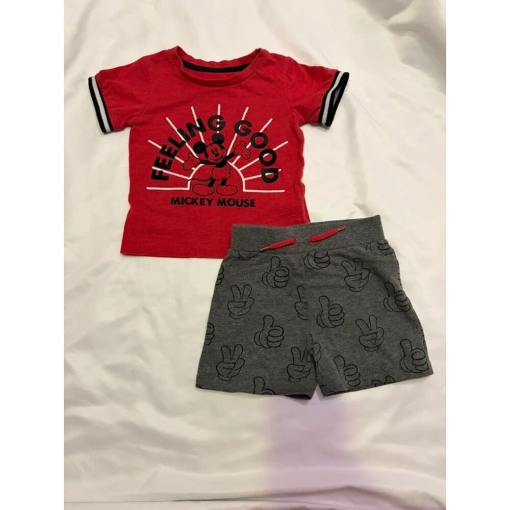 Disney Mickey Mouse Toddler Boy T-Shirt Shorts 2pc Outfit Set Red Gray 18 month